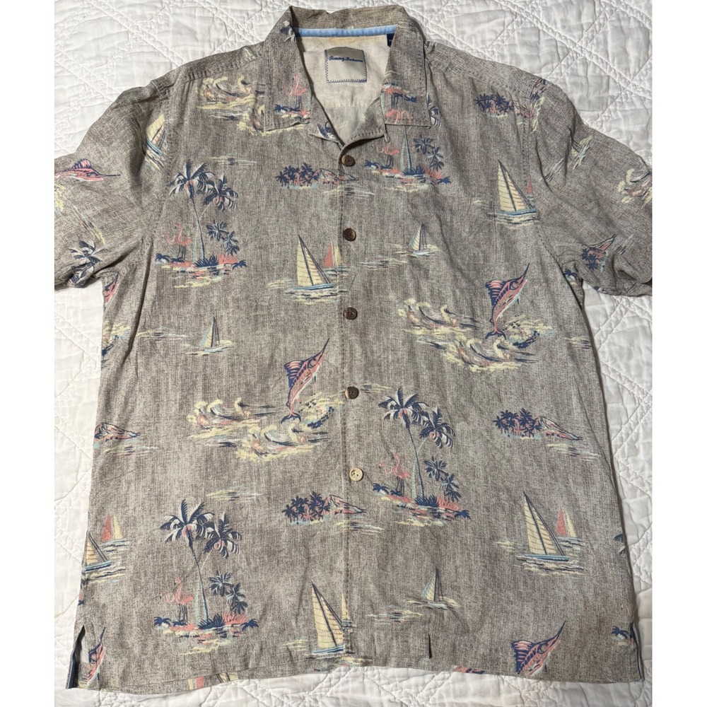 Tommy Bahama Mens Large 100% Silk Marlin Sailboat Tropical Camp Shirt Brown L